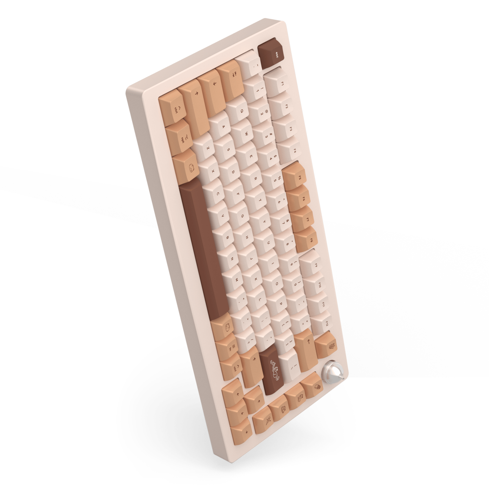 a photo of the Sprout 75 mechanical keyboard. it's placed vertically with just one corner on the ground. it's a cream-colored aluminum keyboard showcasing the brown sugar boba keycaps.