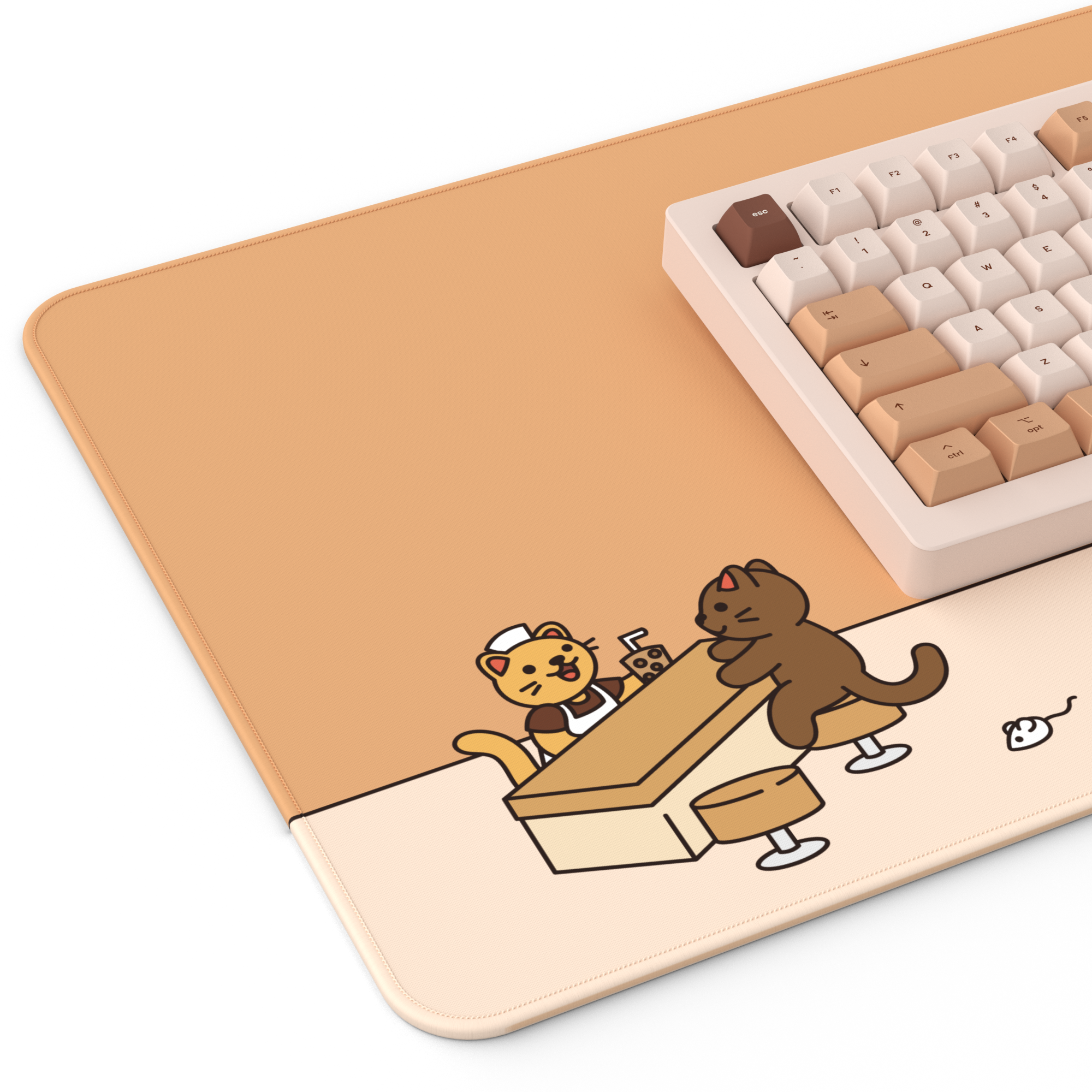 a close-up shot of the left side of the brown sugar boba deskpad. towards the right edge you can see Sprout 75 board on it.