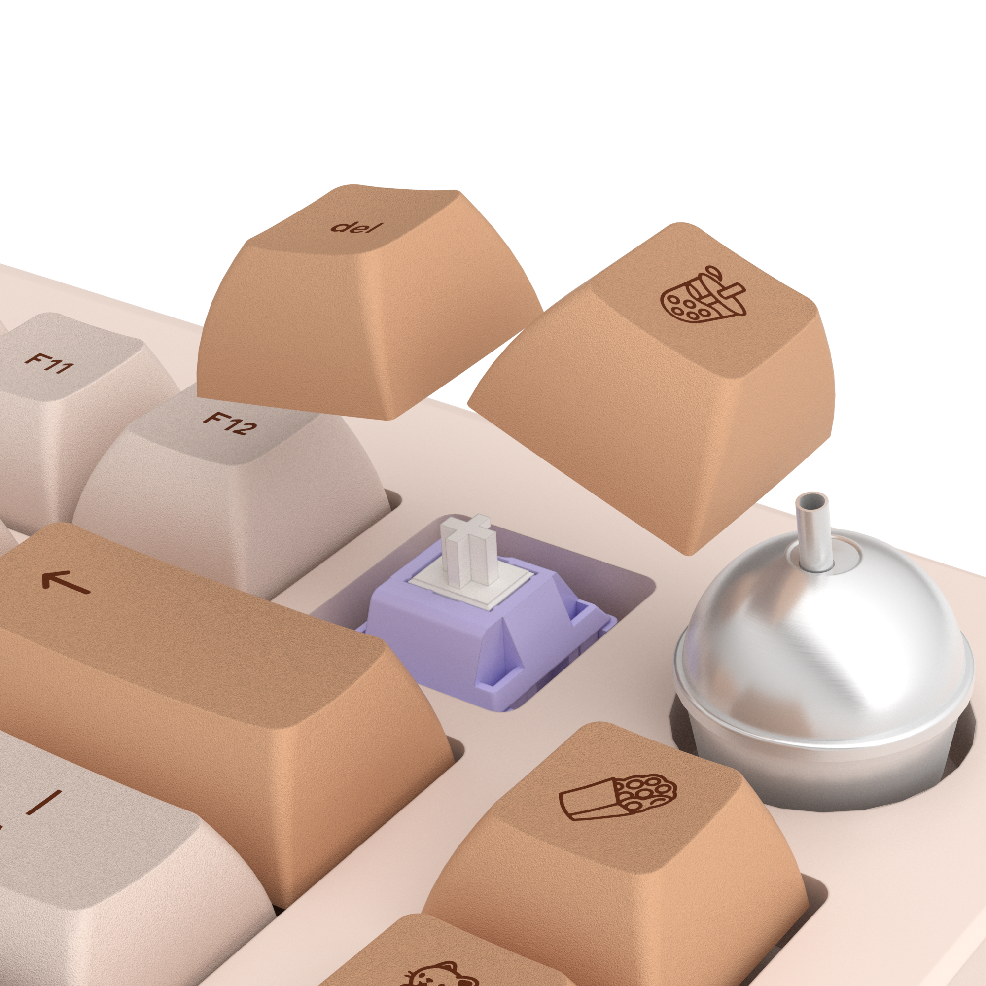 the top right of Sprout 75. there's two keycaps floating above an exposed switch. one is the 'del' keycap, while the other is a novelty depicting a cup of bubble tea.